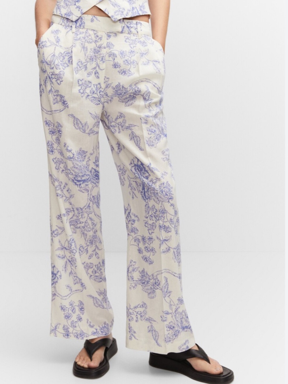 Mango Cream Wide-Leg Trousers with Blue Floral Print